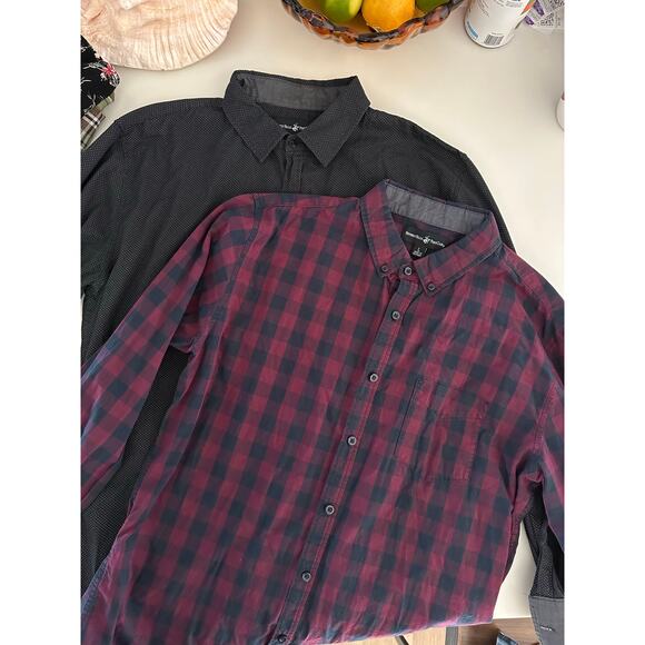 Set/2 Beverly Hills Polo Club L button shirts collared plaid black longsleeve - Picture 5 of 11